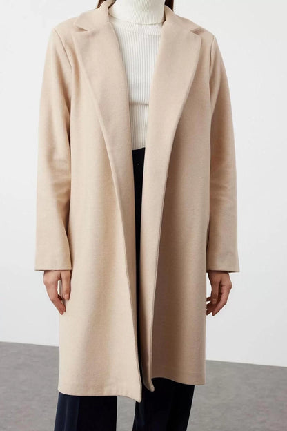 Design Plain Lined Collar Midi Regular Jacket Women's Unlined Soft Textured Unlined Knitted Cashmere Coat