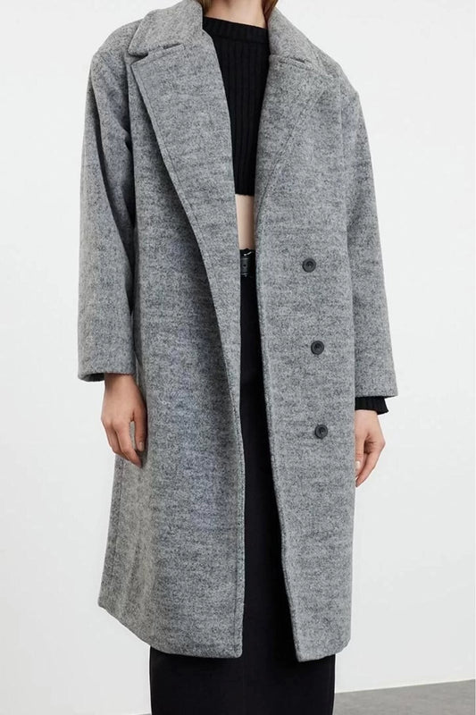 Design Plain Lined Collar Midi Regular Jacket Women Collar Detailed Regular Woolen Midi Coat