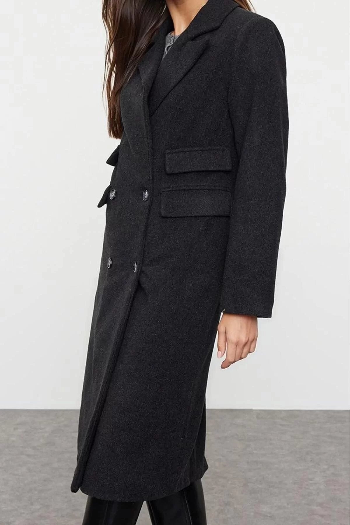 Design Plain Lined Collar Midi Regular Jacket Women Pocket Detailed Regular Wool Long Coat