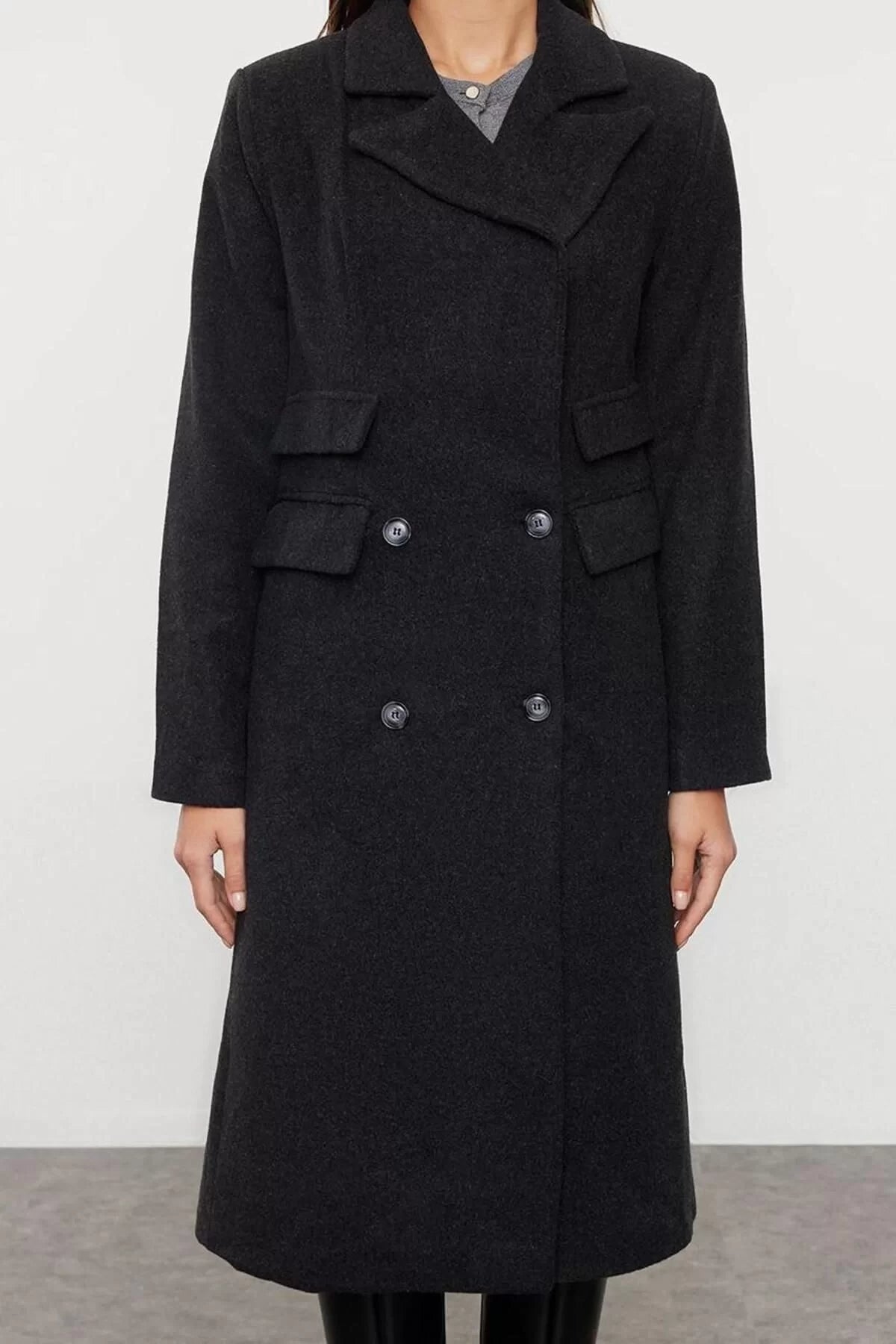 Design Plain Lined Collar Midi Regular Jacket Women Pocket Detailed Regular Wool Long Coat