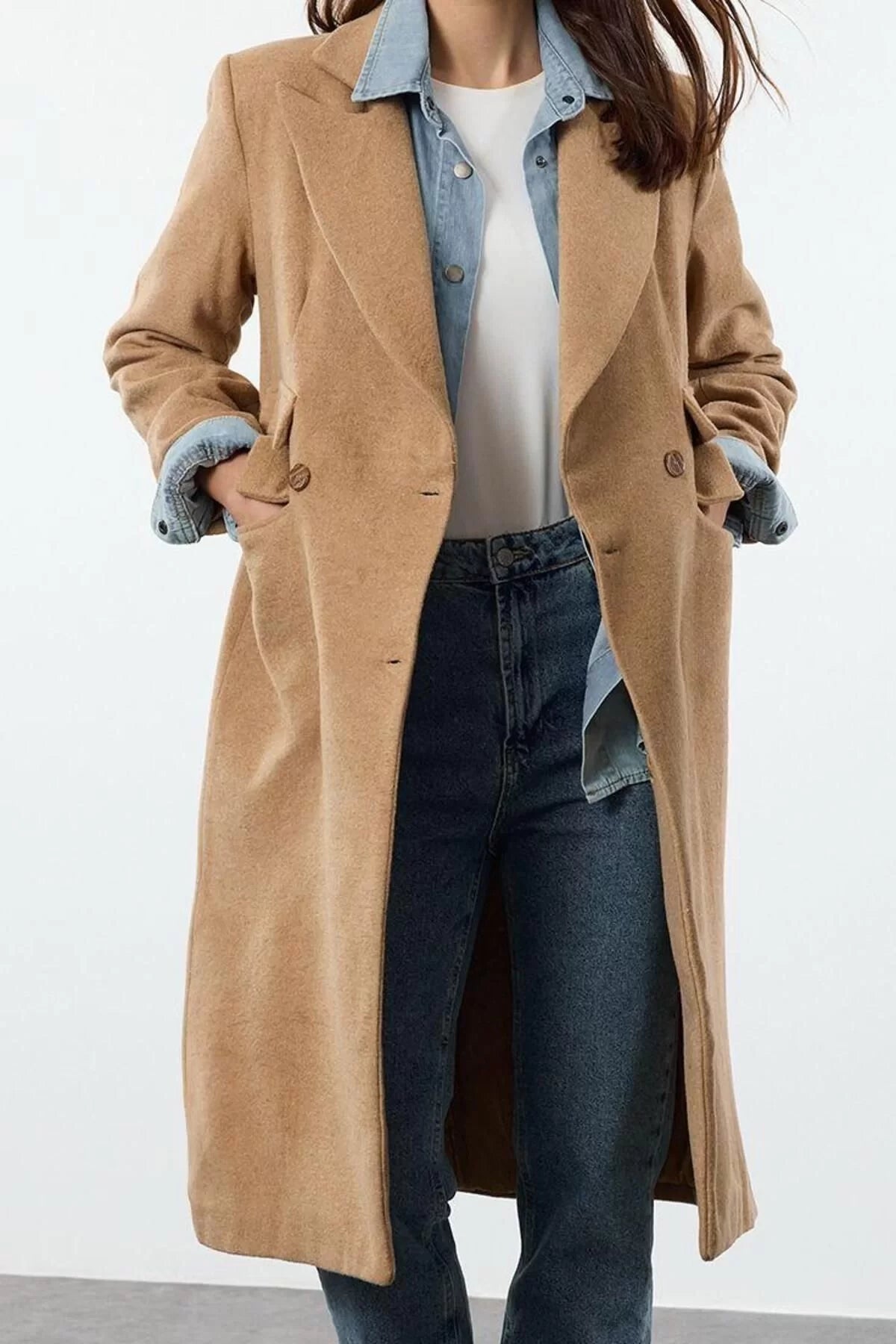 Design Plain Lined Collar Midi Regular Jacket Women Pocket Detailed Regular Wool Long Coat