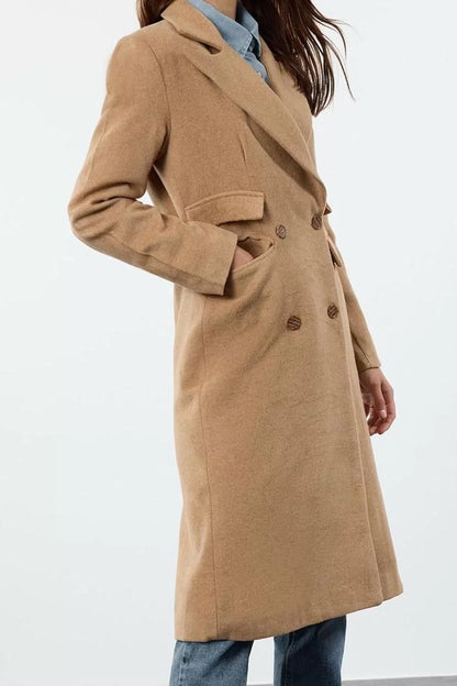 Design Plain Lined Collar Midi Regular Jacket Women Pocket Detailed Regular Wool Long Coat