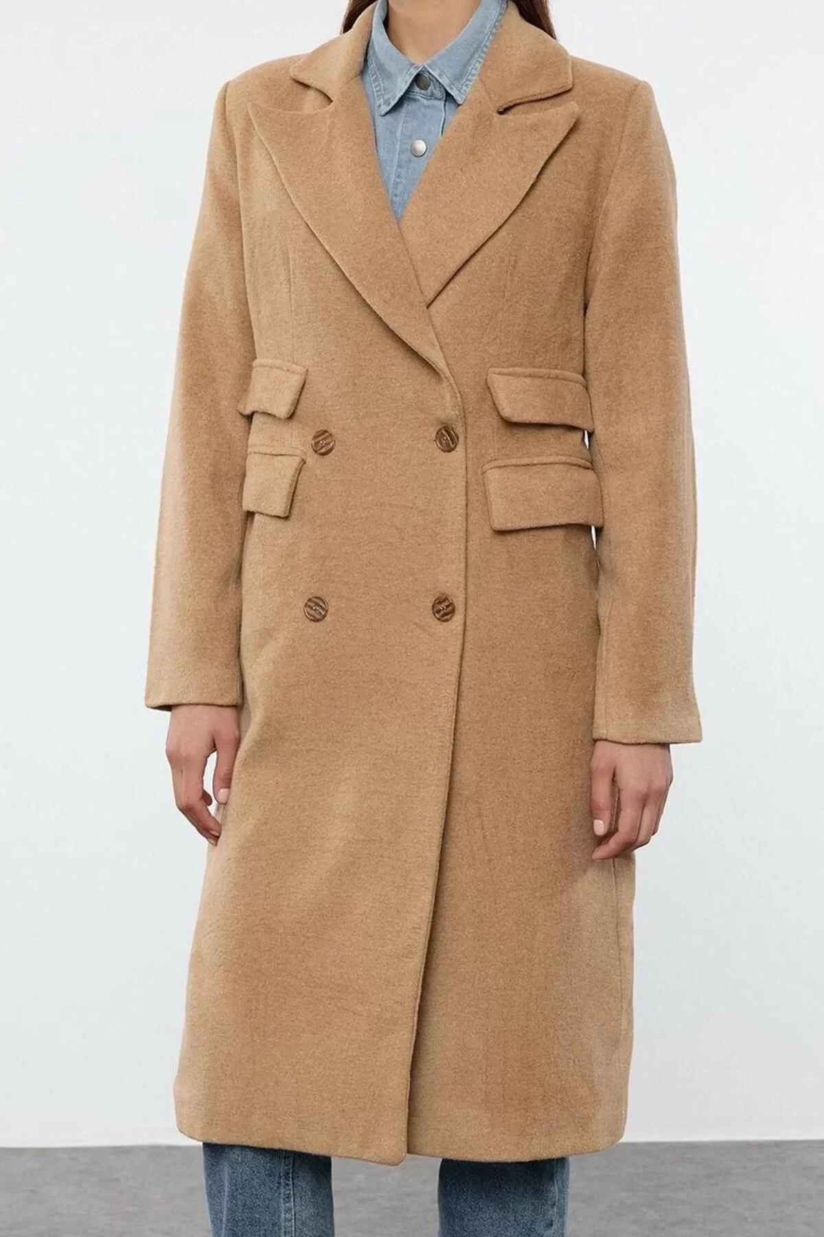 Design Plain Lined Collar Midi Regular Jacket Women Pocket Detailed Regular Wool Long Coat