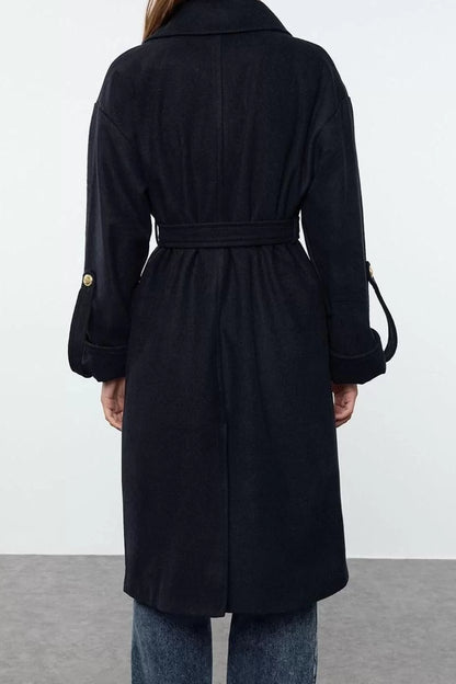 Design Plain Lined Collar Midi Regular Jacket Women Belted Foldable Sleeves Wool Trench Coat