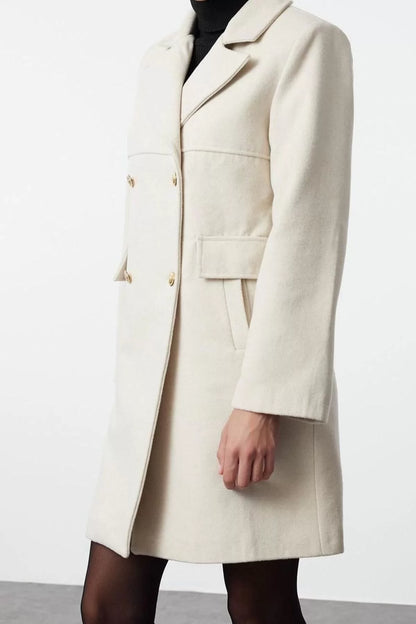 Design Plain Lined Collar Short Regular Jacket Women's Stitched Detail Regular Wool Midi Coat