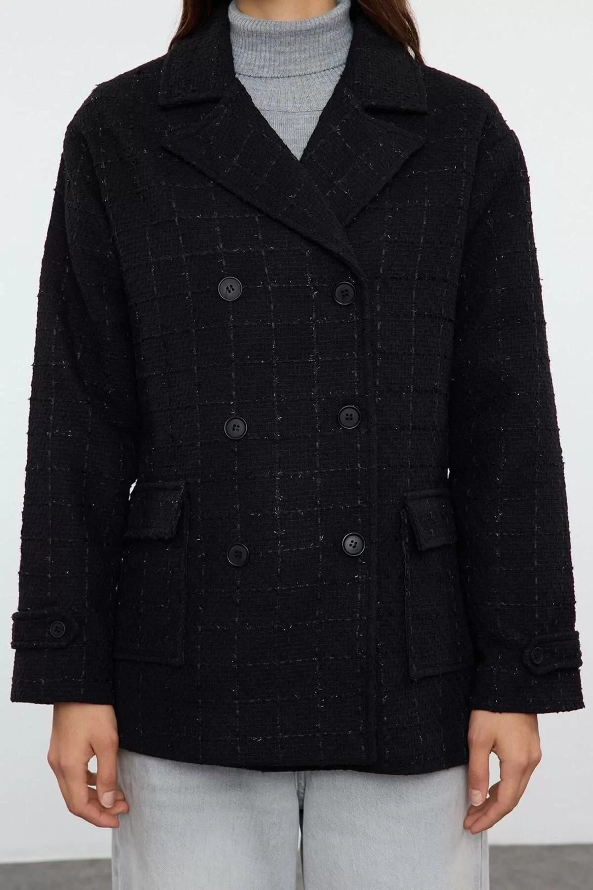 Design Patterned Lined Collar Standard Regular Jacket Women's Tweed Detailed Seasonal Midi Coat