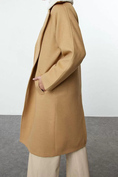 Design Plain Lined Collar Long Regular Jacket Women Regular Collar Plush Detailed Wool Coat