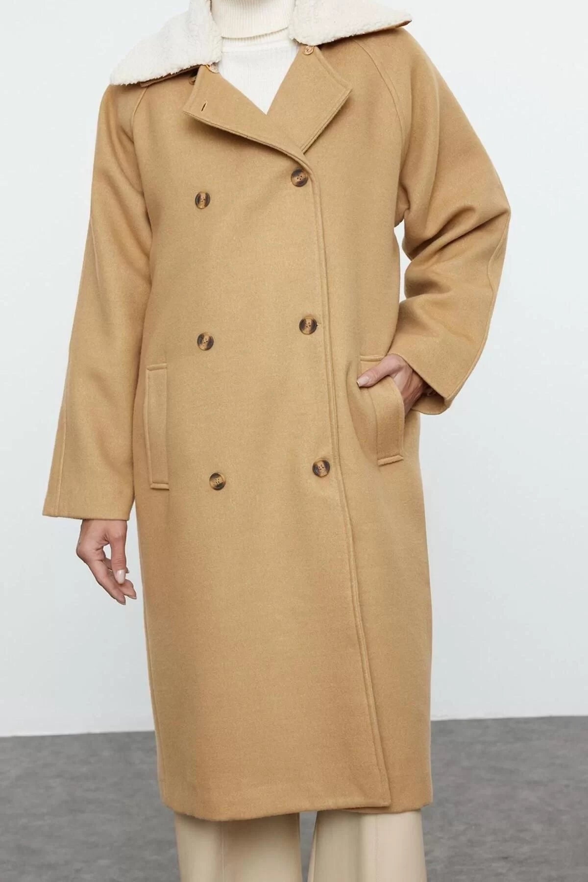 Design Plain Lined Collar Long Regular Jacket Women Regular Collar Plush Detailed Wool Coat