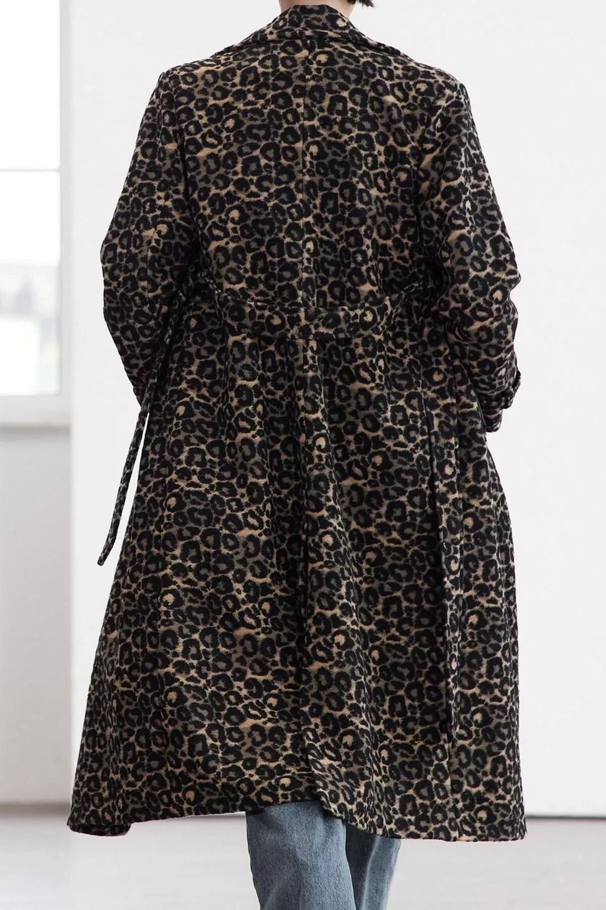 Designer Lined Collar Long Regular Jacket Women Leopard Patterned Wool Long Coat