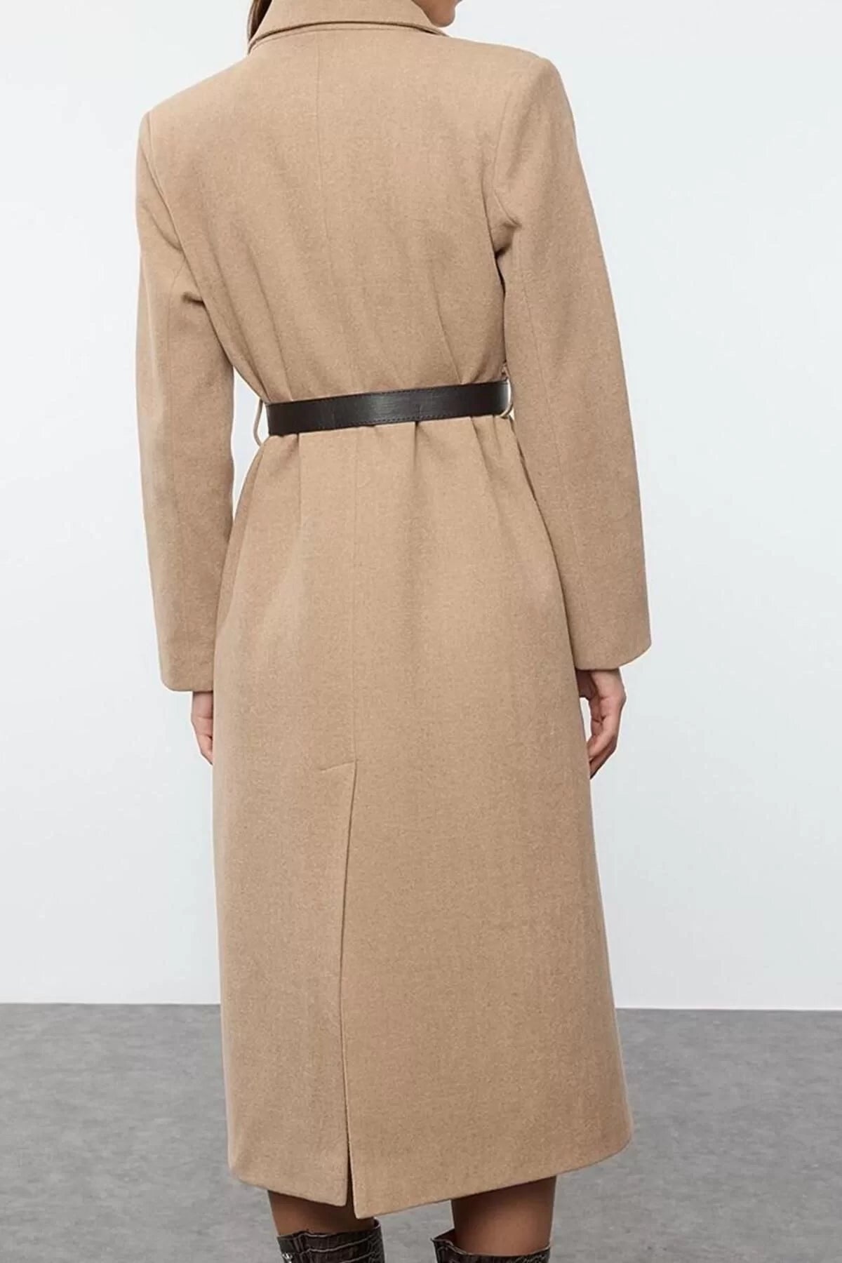 Design Plain Lined Collar Long Regular Jacket Women Belted Stitching Detail Soft Textured Long Coat