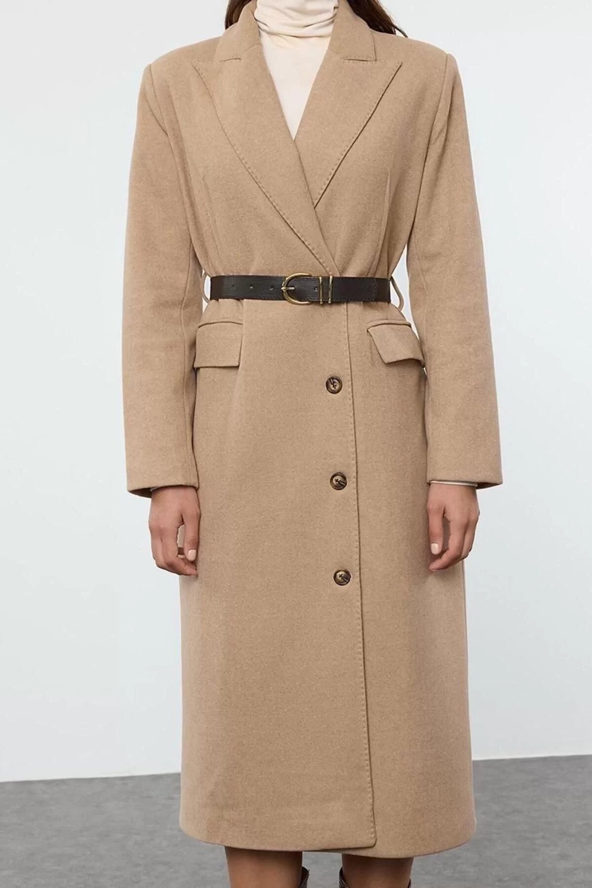 Design Plain Lined Collar Long Regular Jacket Women Belted Stitching Detail Soft Textured Long Coat