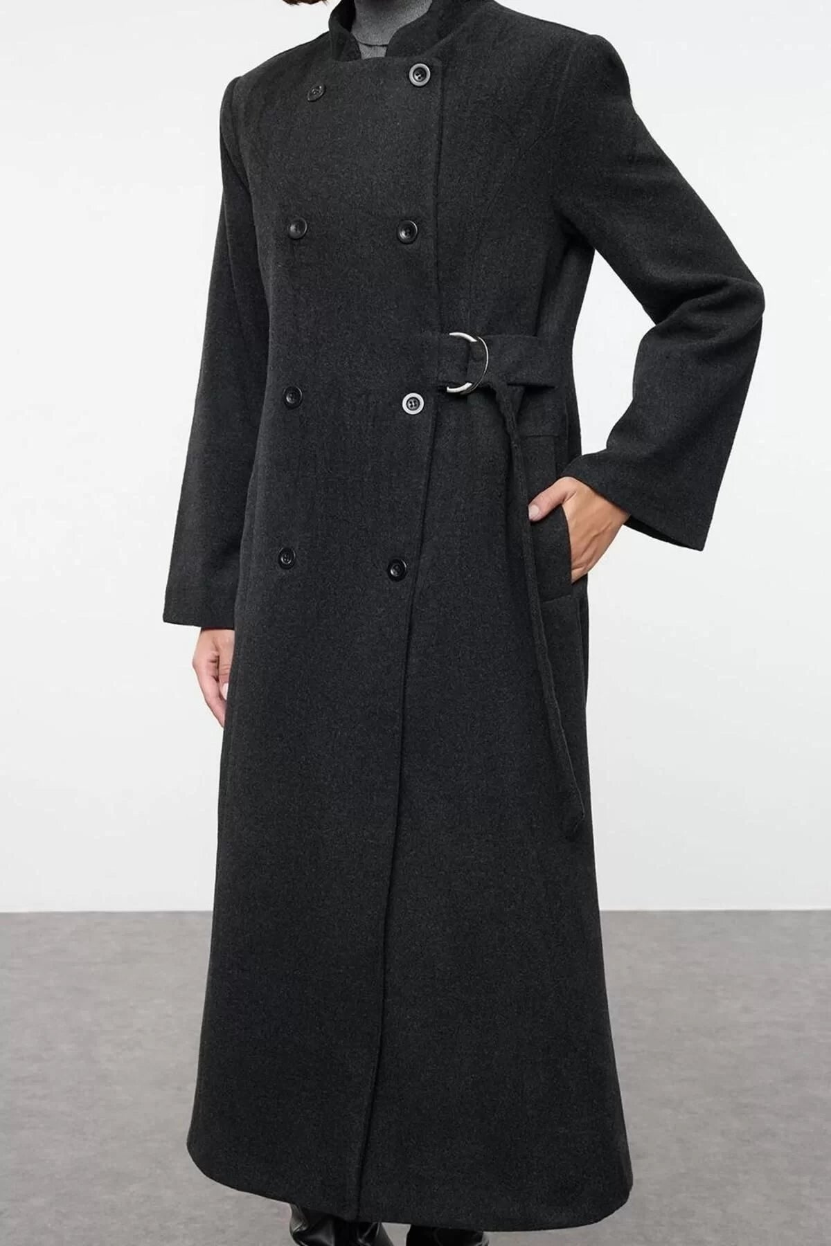 Design Plain Lined Collar Long Regular Judge Women's Belted Double Breasted Woolen Overcoat Form Lined Coat