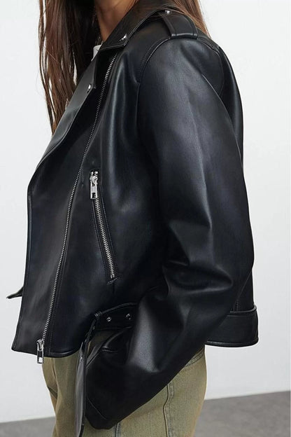 Design Plain Lined Collar Standard Regular Jacket Women Regular Faux Leather Biker Jacket Coat