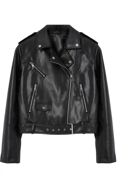 Design Plain Lined Collar Standard Regular Jacket Women Regular Faux Leather Biker Jacket Coat