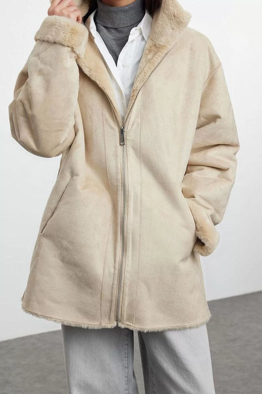 Design Plain Double-sided Collar Midi Oversize Hooded Women's Hooded Suede Plush Coat