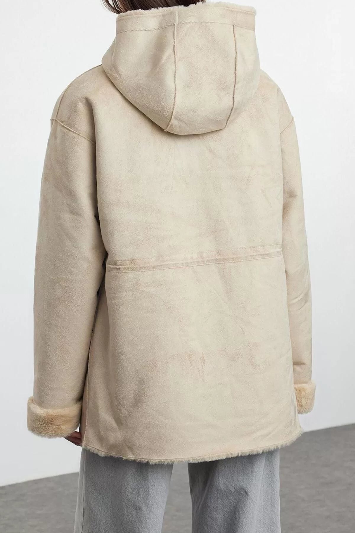 Design Plain Double-sided Collar Midi Oversize Hooded Women's Hooded Suede Plush Coat