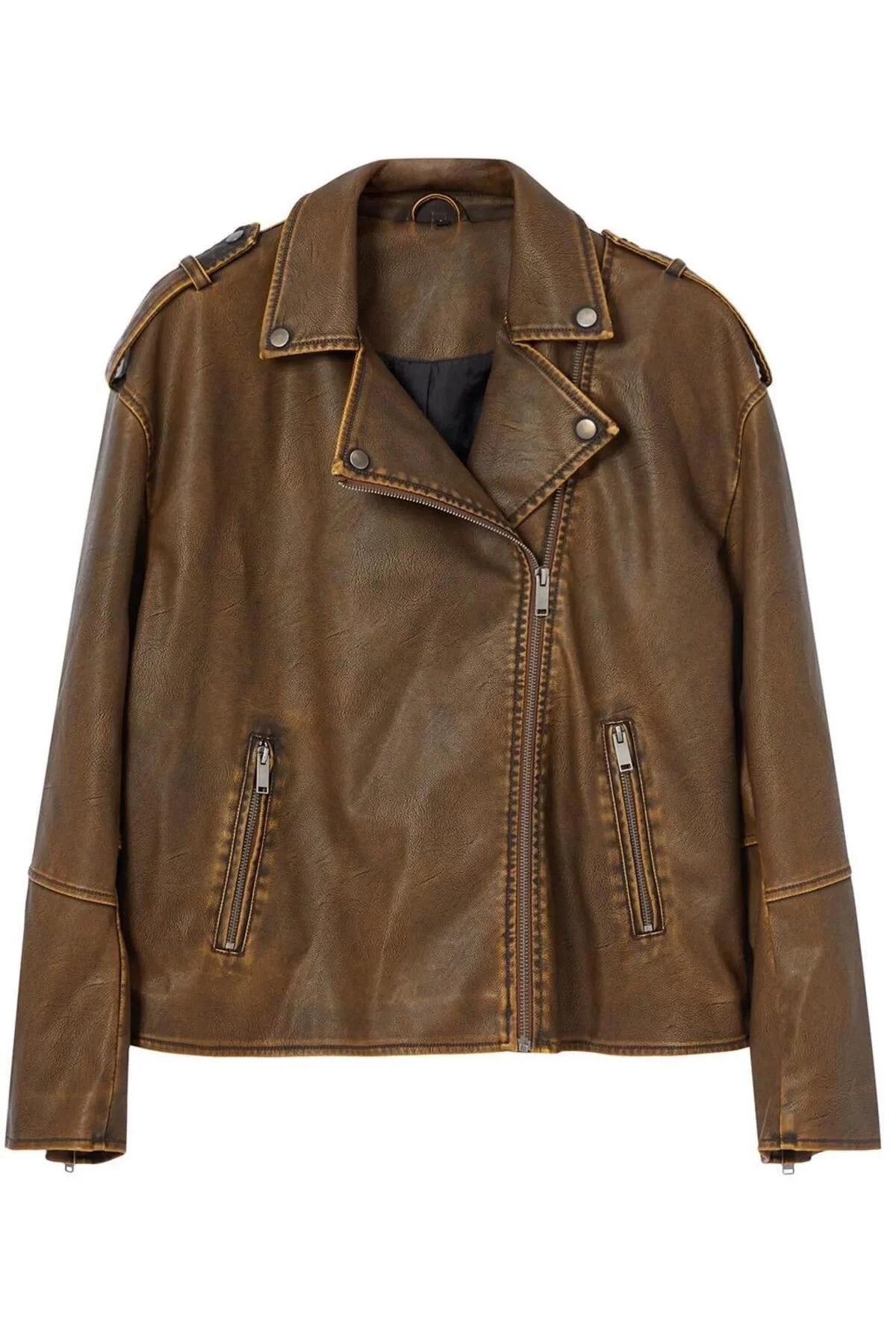 Design Plain Lined Collar Standard Oversize Jacket Women Wash Effect Faux Leather Biker Jacket Coat