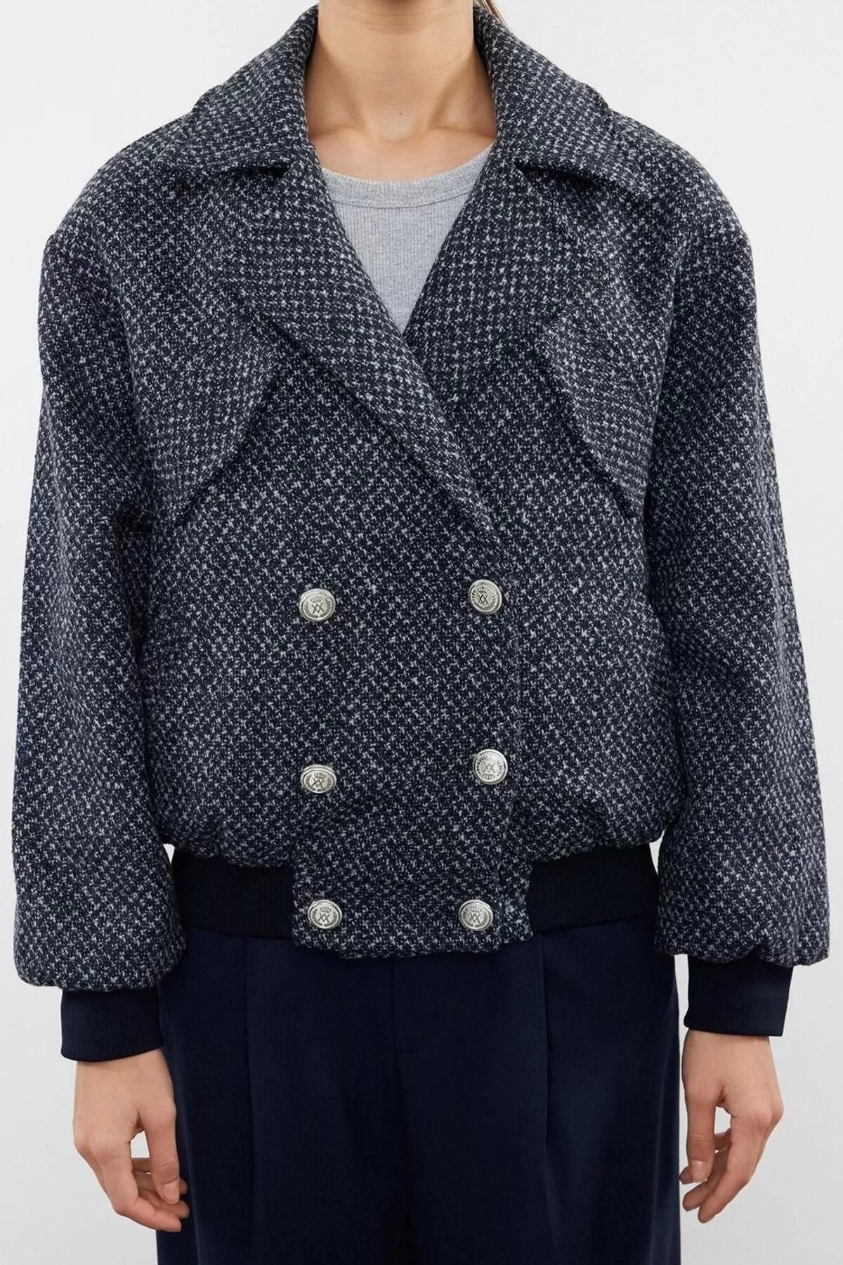 Design Plain Lined Collar Standard Loose Jacket Women's Oversize Quilted Tweed Bomber Coat