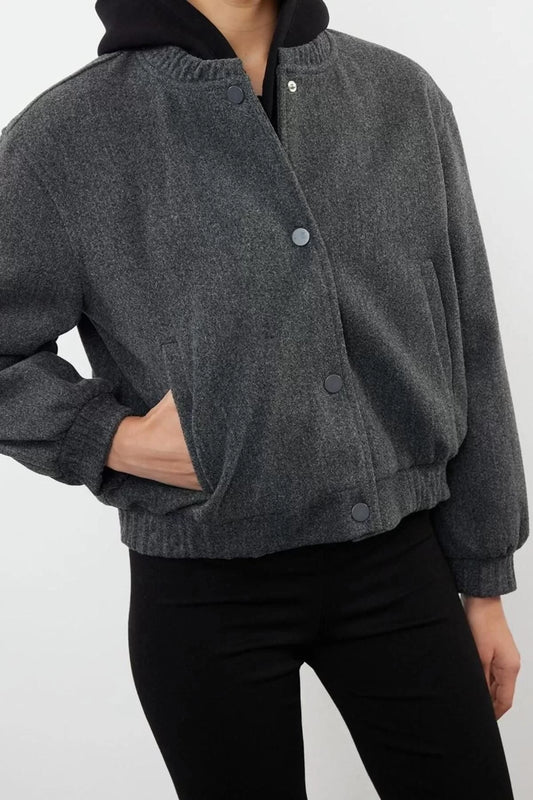 Design Plain Lined Collar Standard Regular Judge Women's Cashmere Bomber Jacket Coat