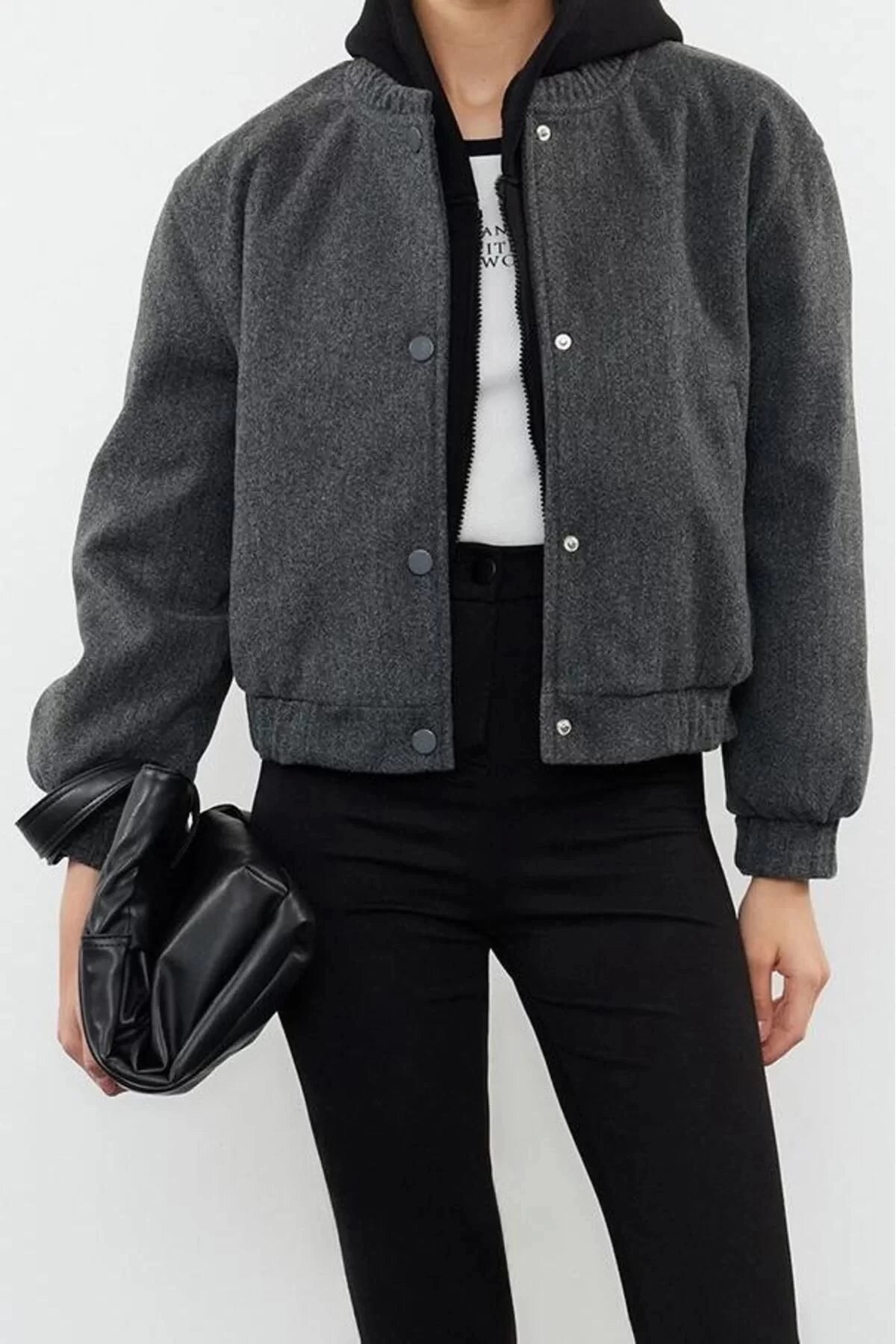 Design Plain Lined Collar Standard Regular Judge Women's Cashmere Bomber Jacket Coat