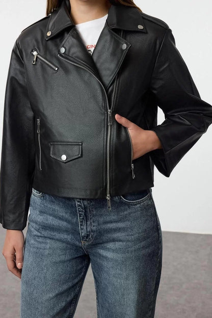 Design Plain Lined Collar Standard Regular Double Breasted Women's Regular Faux Leather Biker Jacket Coat