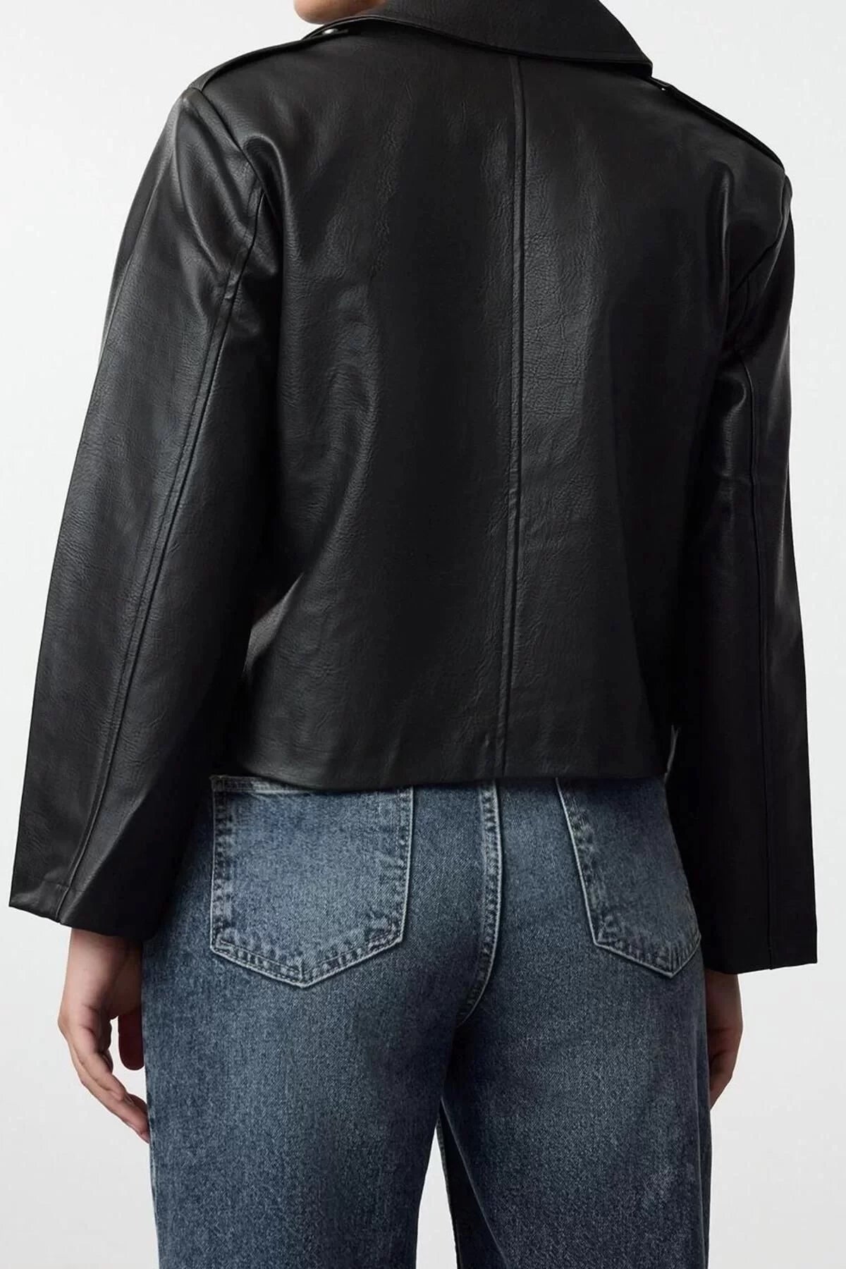 Design Plain Lined Collar Standard Regular Double Breasted Women's Regular Faux Leather Biker Jacket Coat