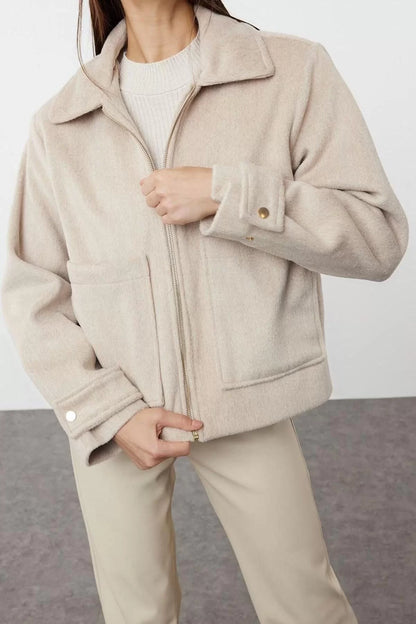 Design Plain Lined Collar Standard Oversize Shirt Women Oversize Cashmere Thin Jacket Coat