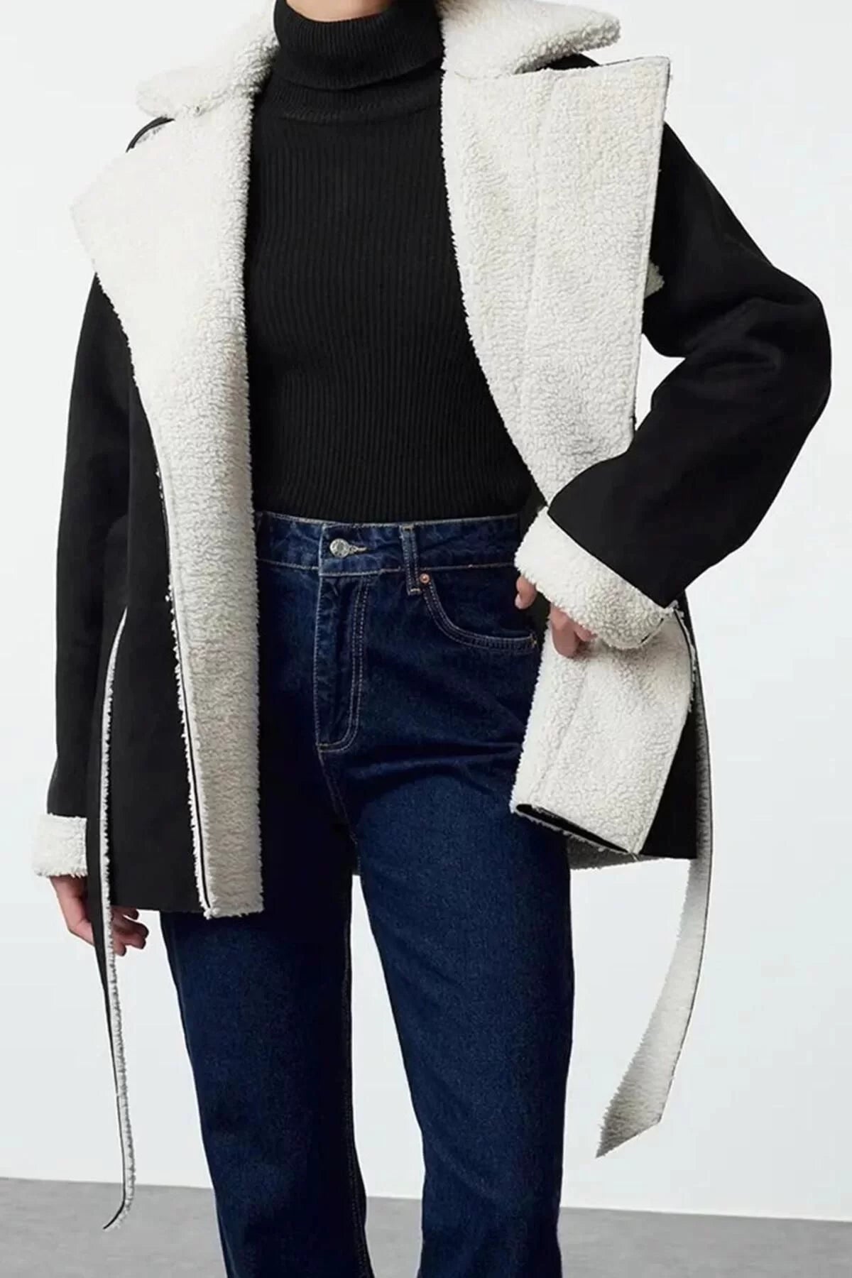 Design Plain Unlined Collar Midi Loose Jacket Women Oversize Belted Plush Detailed Suede Coat