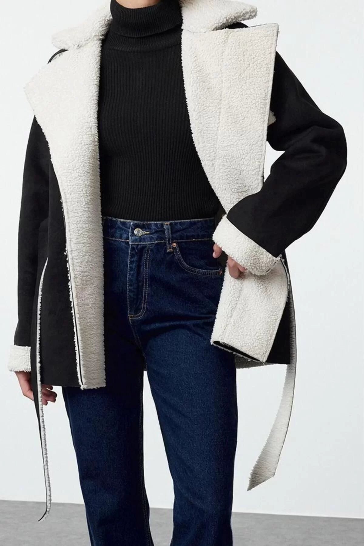 Design Plain Unlined Collar Midi Loose Jacket Women Oversize Belted Plush Detailed Suede Coat