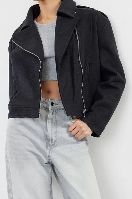 Design Plain Lined Collar Standard Regular Jacket Women Knitted Cashmere Crop Biker Thin Jacket Coat