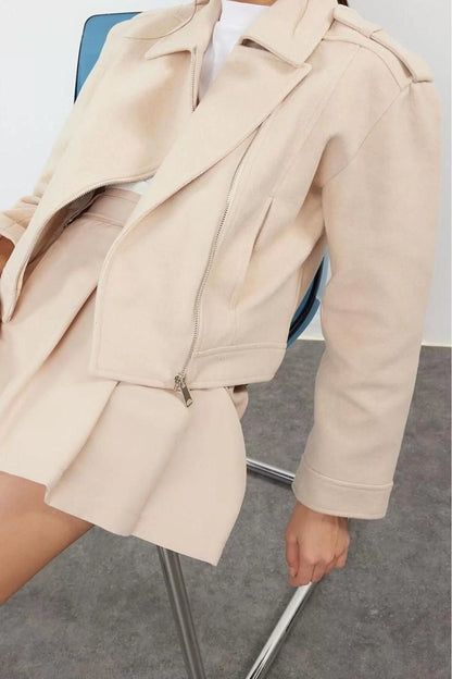 Design Plain Lined Collar Standard Regular Jacket Women Knitted Cashmere Crop Biker Thin Jacket Coat