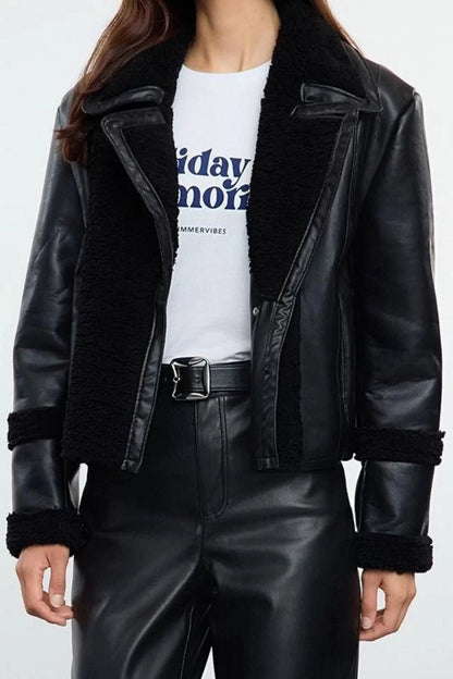 Design Plain Lined Collar Standard Regular Shirt Women Plush Detailed Faux Leather Biker Jacket Coat