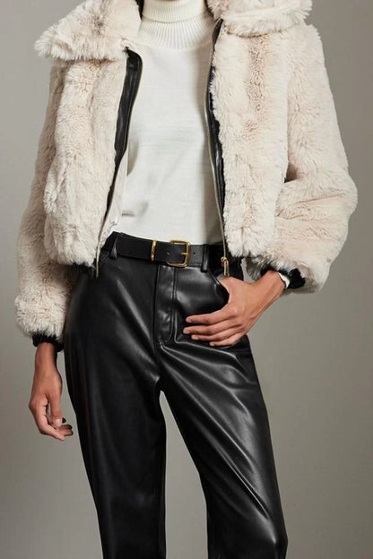 Design Plain Lined Collar Standard Loose Shirt Women Faux Leather Detailed Fur Bomber Coat