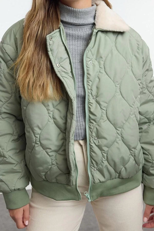 Design Plain Lined Collar Standard Regular Shirt Women's Collar Plush Water Repellent Quilted Puffer Coat