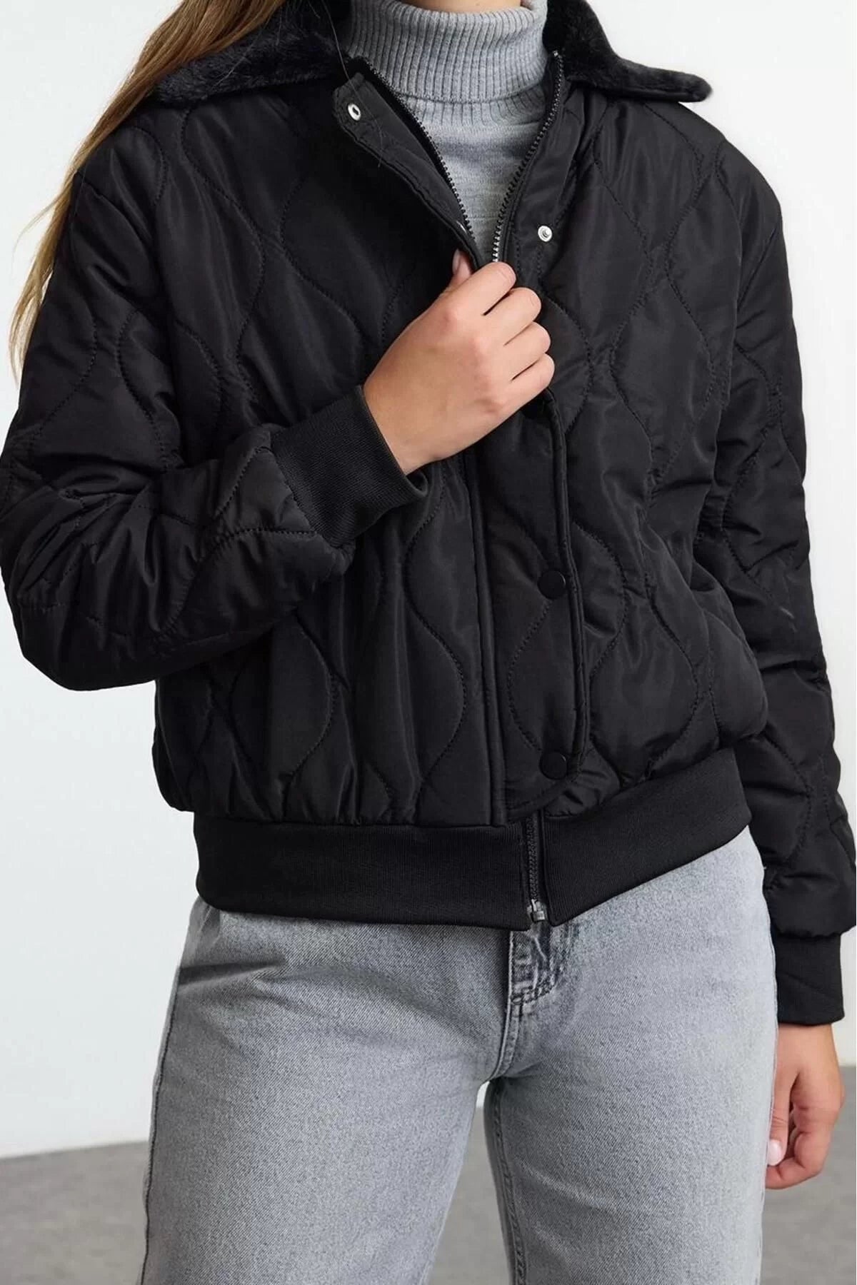 Design Plain Lined Collar Standard Regular Shirt Women's Collar Plush Water Repellent Quilted Puffer Coat