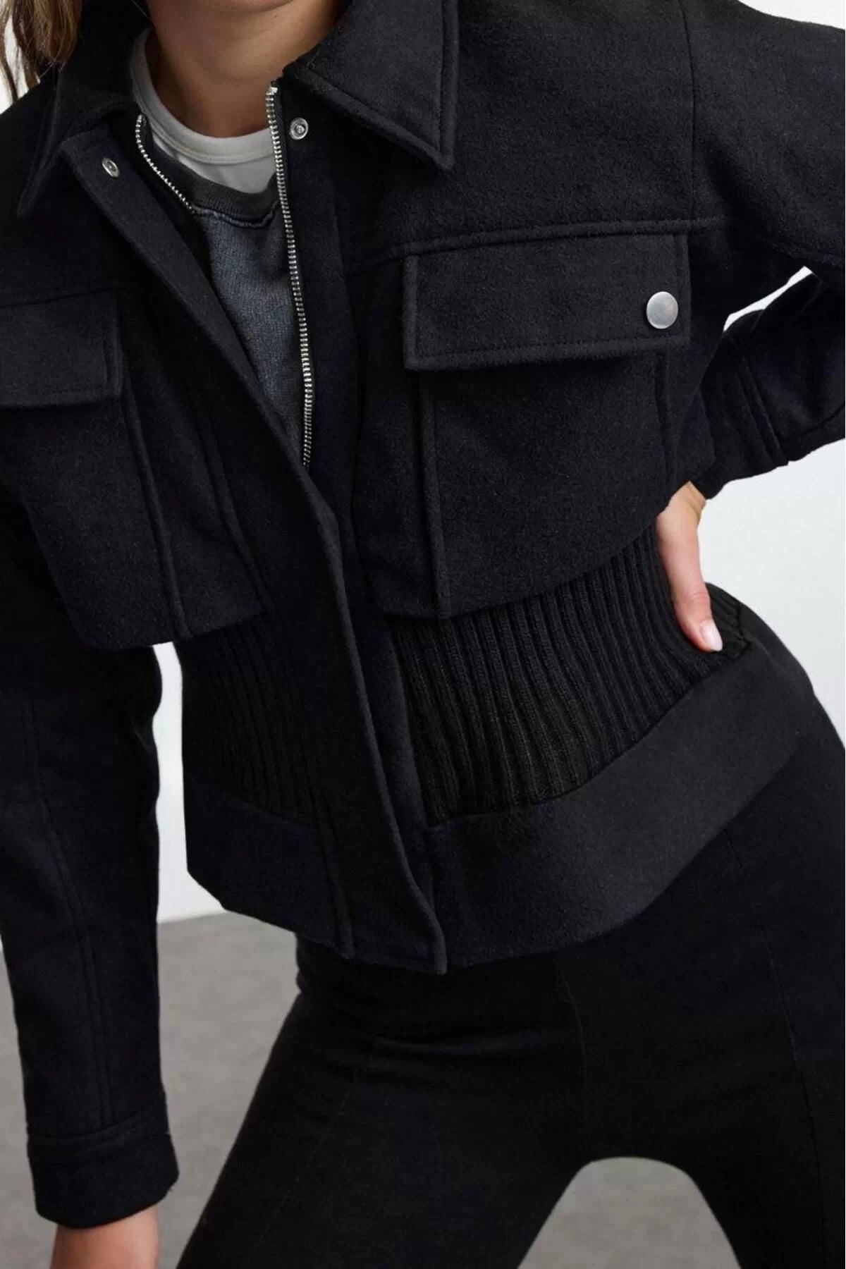 Design Plain Lined Collar Standard Loose Shirt Women Waist Knitwear Detail Cashmere Thin Jacket Coat