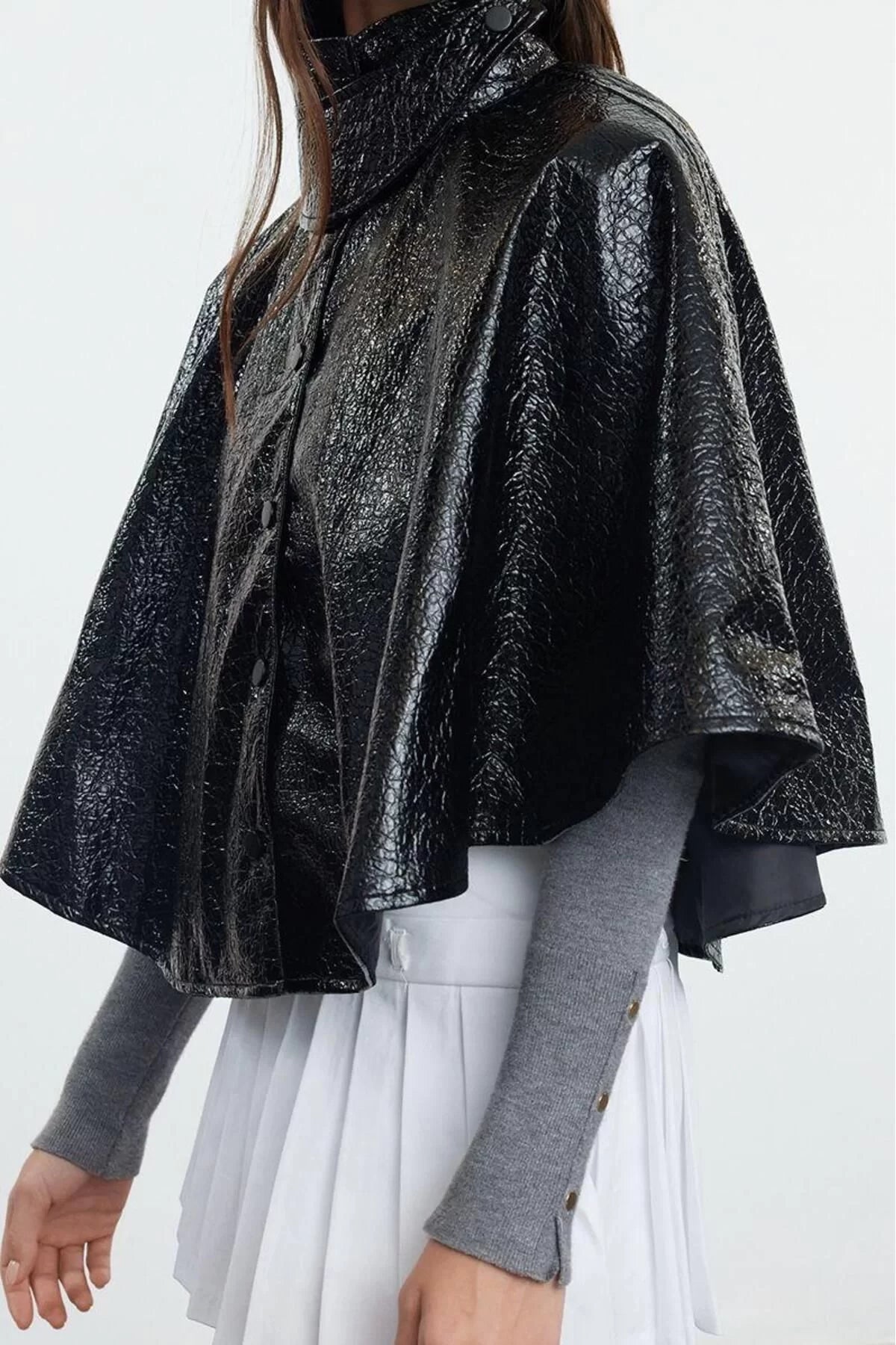 Design Plain Lined Collar Standard Loose Sheer Women's Oversize Shiny Cape Coat