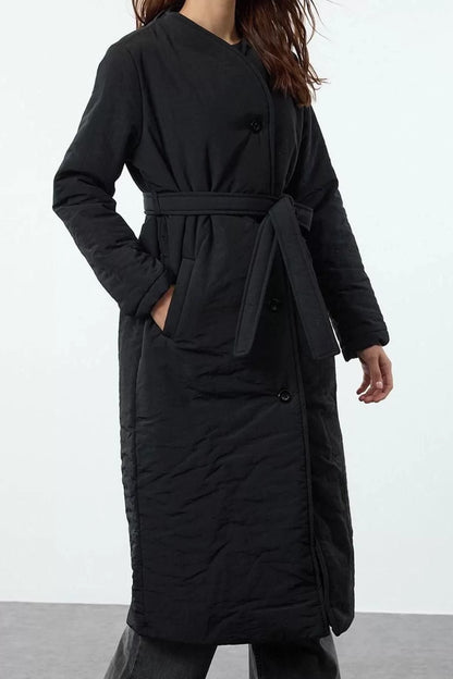 Design Plain Lined Collar Long Loose Judge Women Belted Water Repellent Long Quilted Puffer Coat