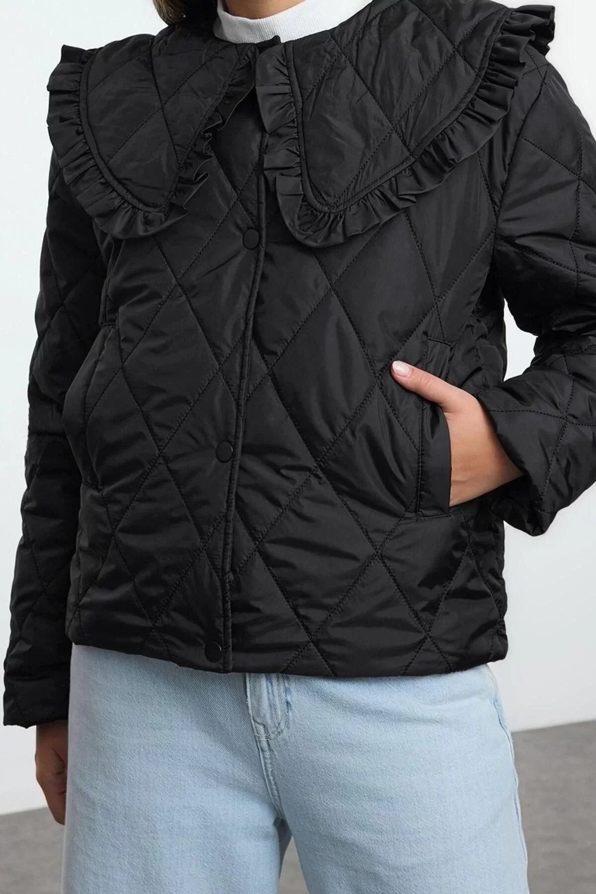 Design Plain Lined Collar Standard Loose Asymmetrical Women's Collar Detailed Quilted Puffer Coat