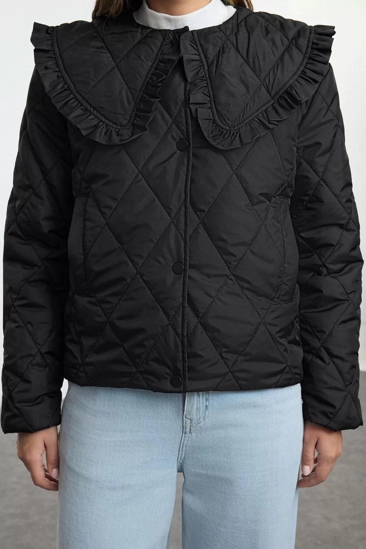 Design Plain Lined Collar Standard Loose Asymmetrical Women's Collar Detailed Quilted Puffer Coat