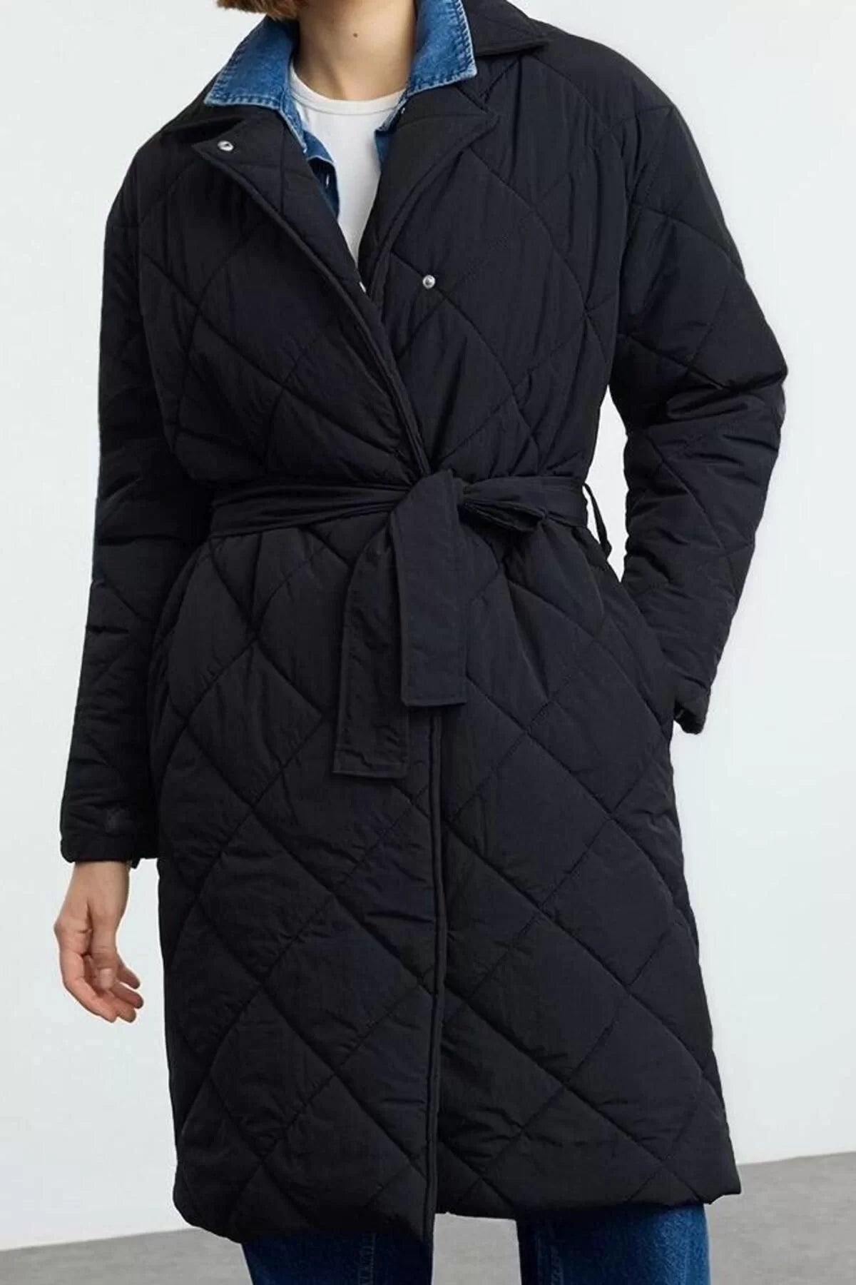 Design Plain Lined Collar Long Loose Jacket Women Oversize Belted Long Quilted Puffer Coat