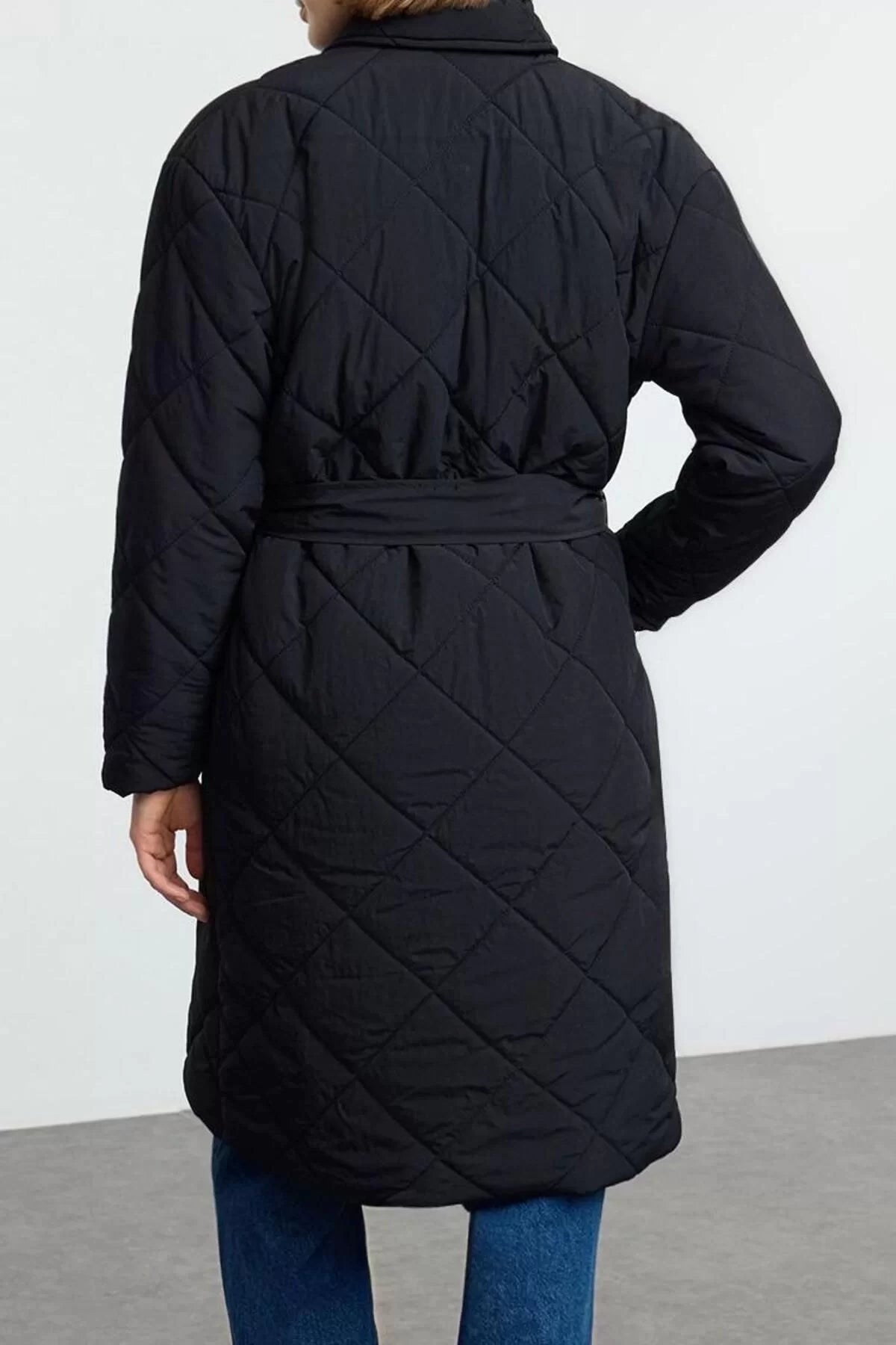 Design Plain Lined Collar Long Loose Jacket Women Oversize Belted Long Quilted Puffer Coat