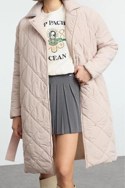 Design Plain Lined Collar Long Loose Jacket Women Oversize Belted Long Quilted Puffer Coat