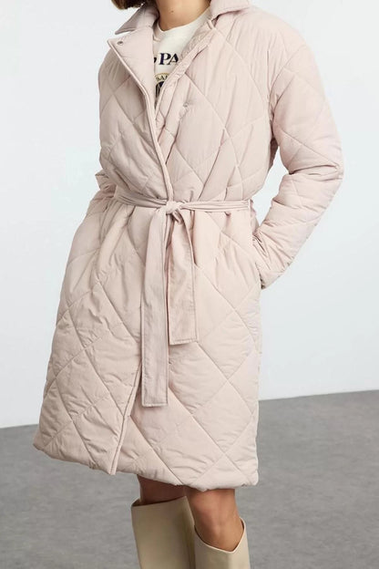 Design Plain Lined Collar Long Loose Jacket Women Oversize Belted Long Quilted Puffer Coat