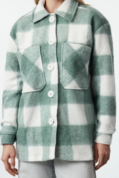 Design Plaid Lined Collar Midi Regular Shirt Women Plaid Cashmere Seasonal Thin Jacket Coat