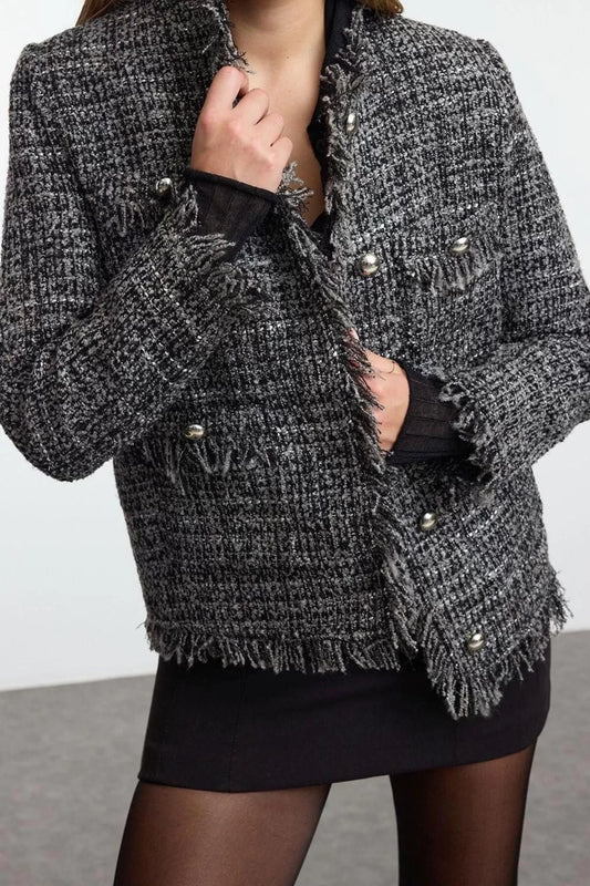 Design Plain Lined Collar Standard Regular Bike Women's Regular Tweed Thin Jacket Coat