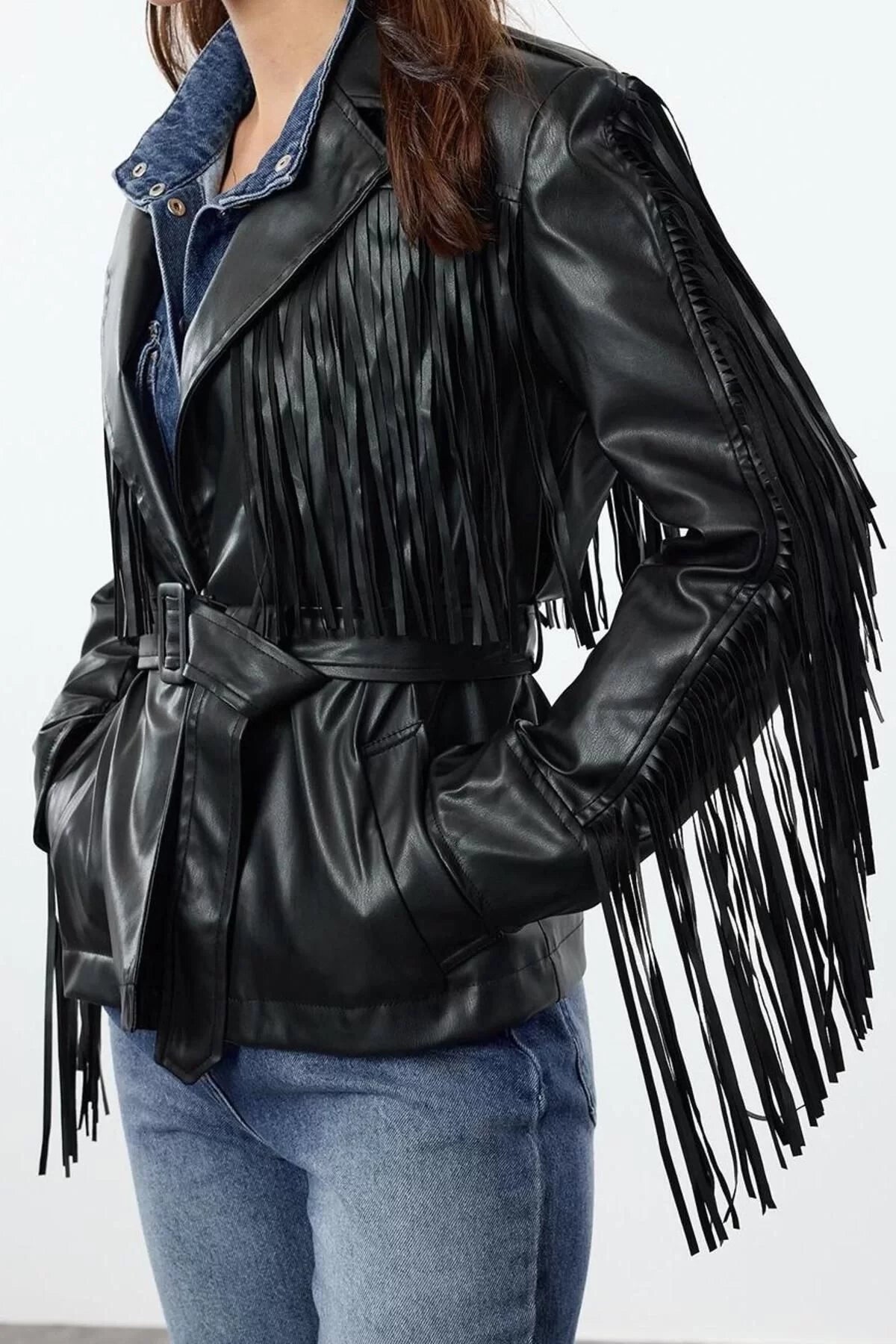 Design Plain Lined Collar Standard Regular Shirt Women Belted Tassel Detailed Faux Leather Coat