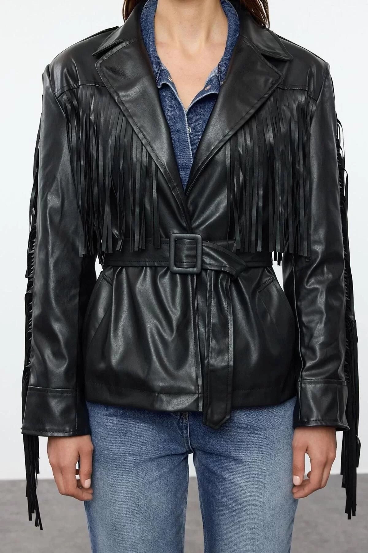 Design Plain Lined Collar Standard Regular Shirt Women Belted Tassel Detailed Faux Leather Coat