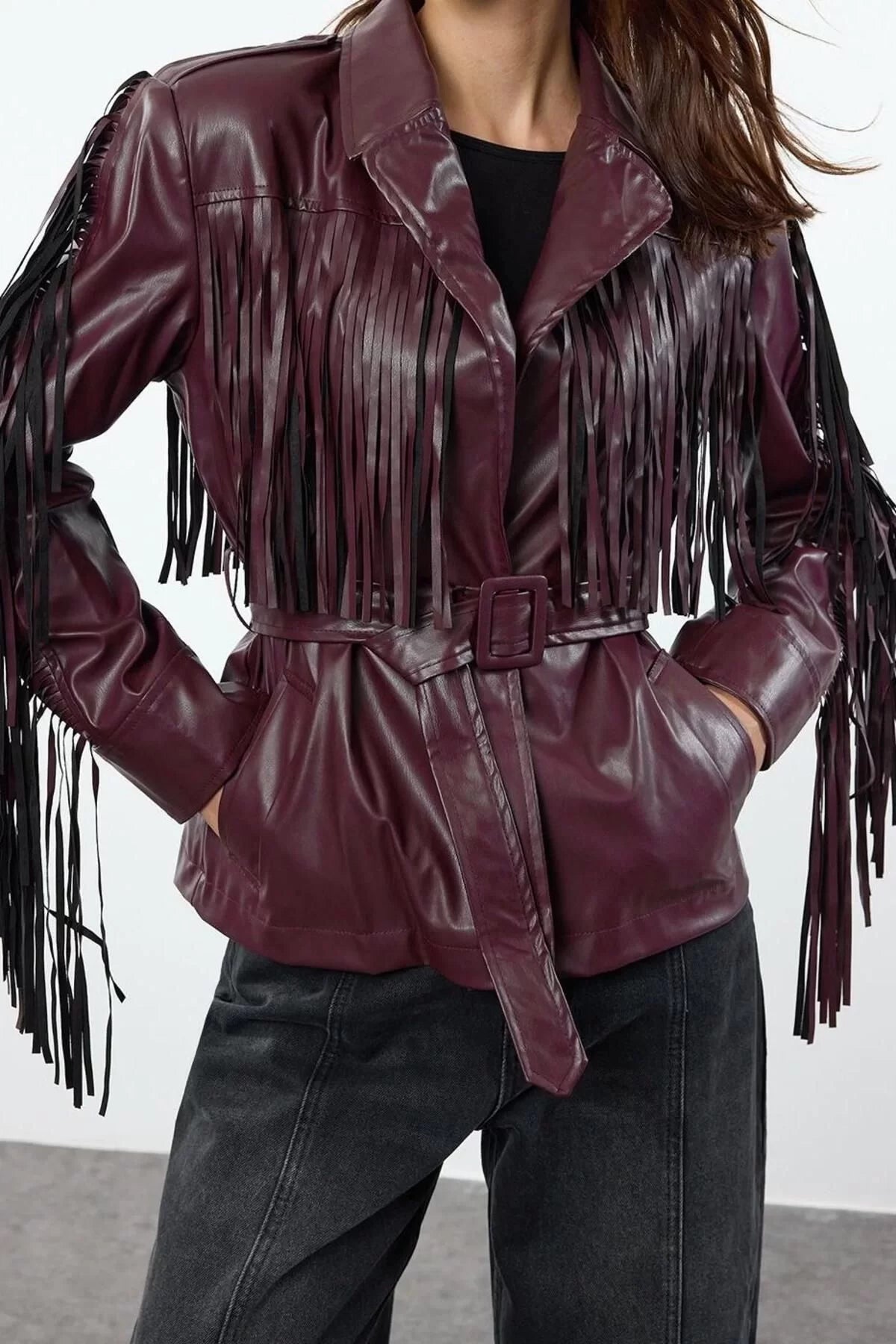 Design Plain Lined Collar Standard Regular Shirt Women Belted Tassel Detailed Faux Leather Coat