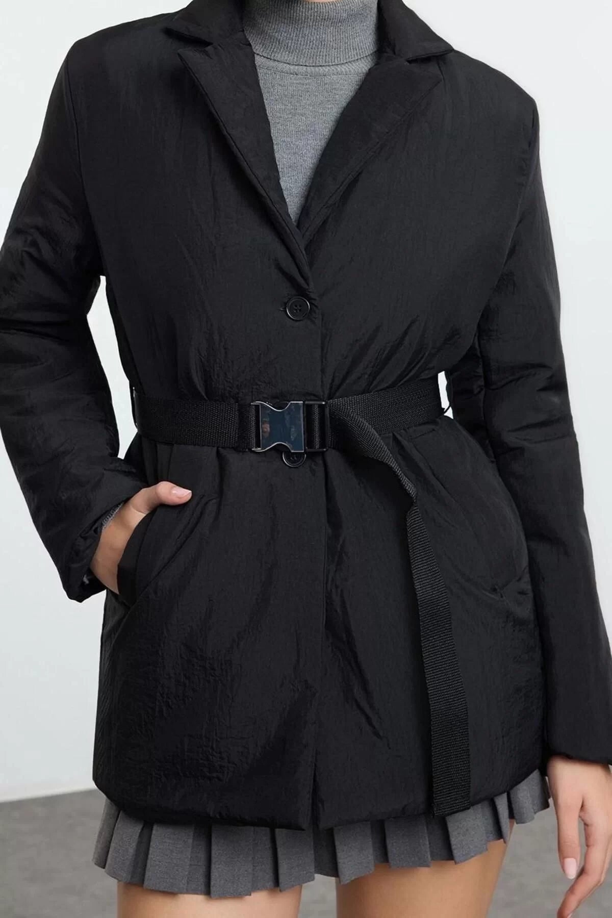 Design Plain Lined Collar Midi Regular Jacket Women Regular Belted Thin Quilted Puffer Jacket